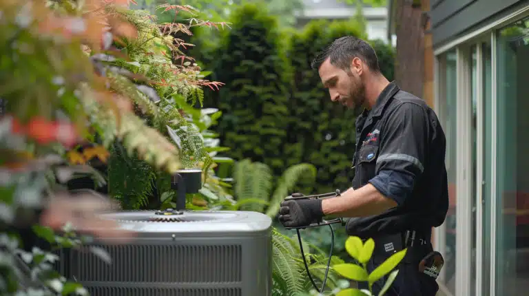 Professional HVAC technician servicing AC unit in Metro Vancouver
